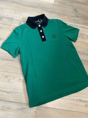Raf Simons Fred Perry Green Polo Shirt with Black Collar